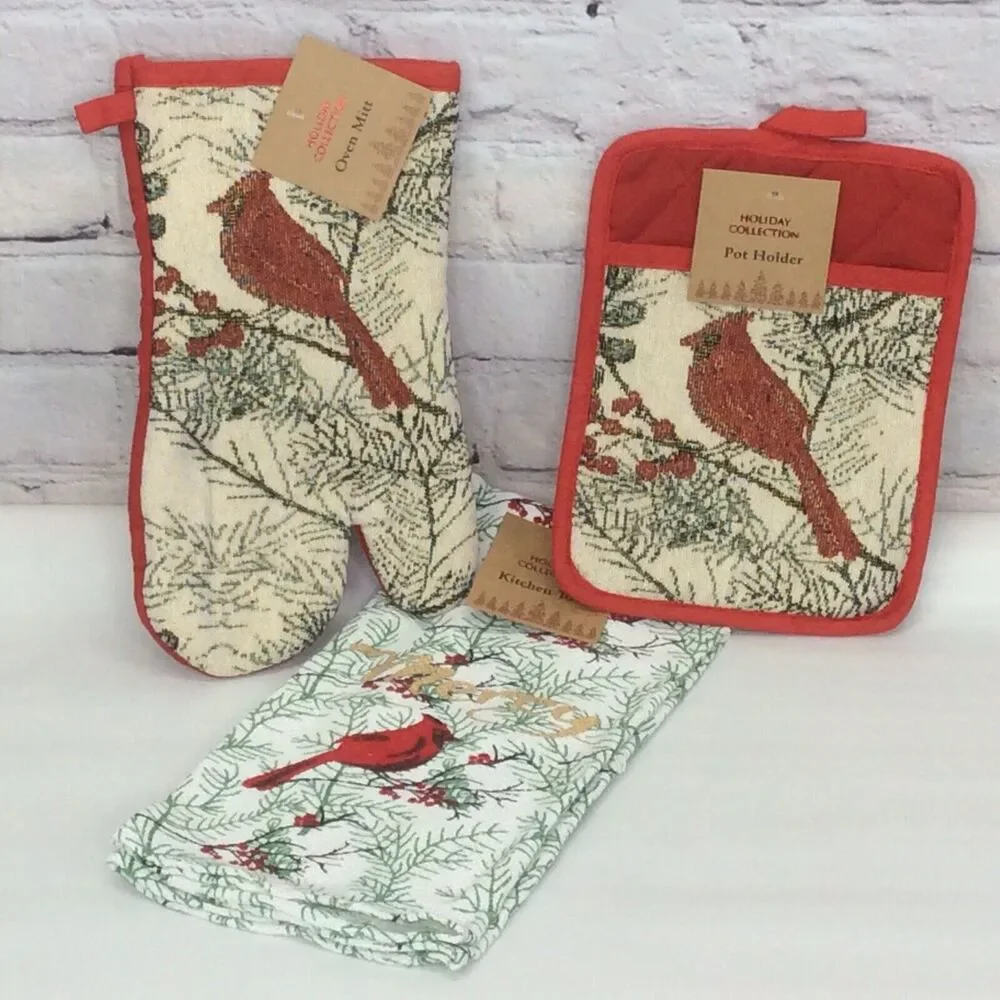 Merry Cardinal 3 Pc Kitchen Set Holiday Dish Towel/Pot Holder/Oven Mitt NWT